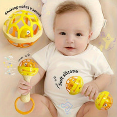 3pc Youngsters Rattle Toy Hand Grasping Ball Rattle Stick Soft Rubber Ball
