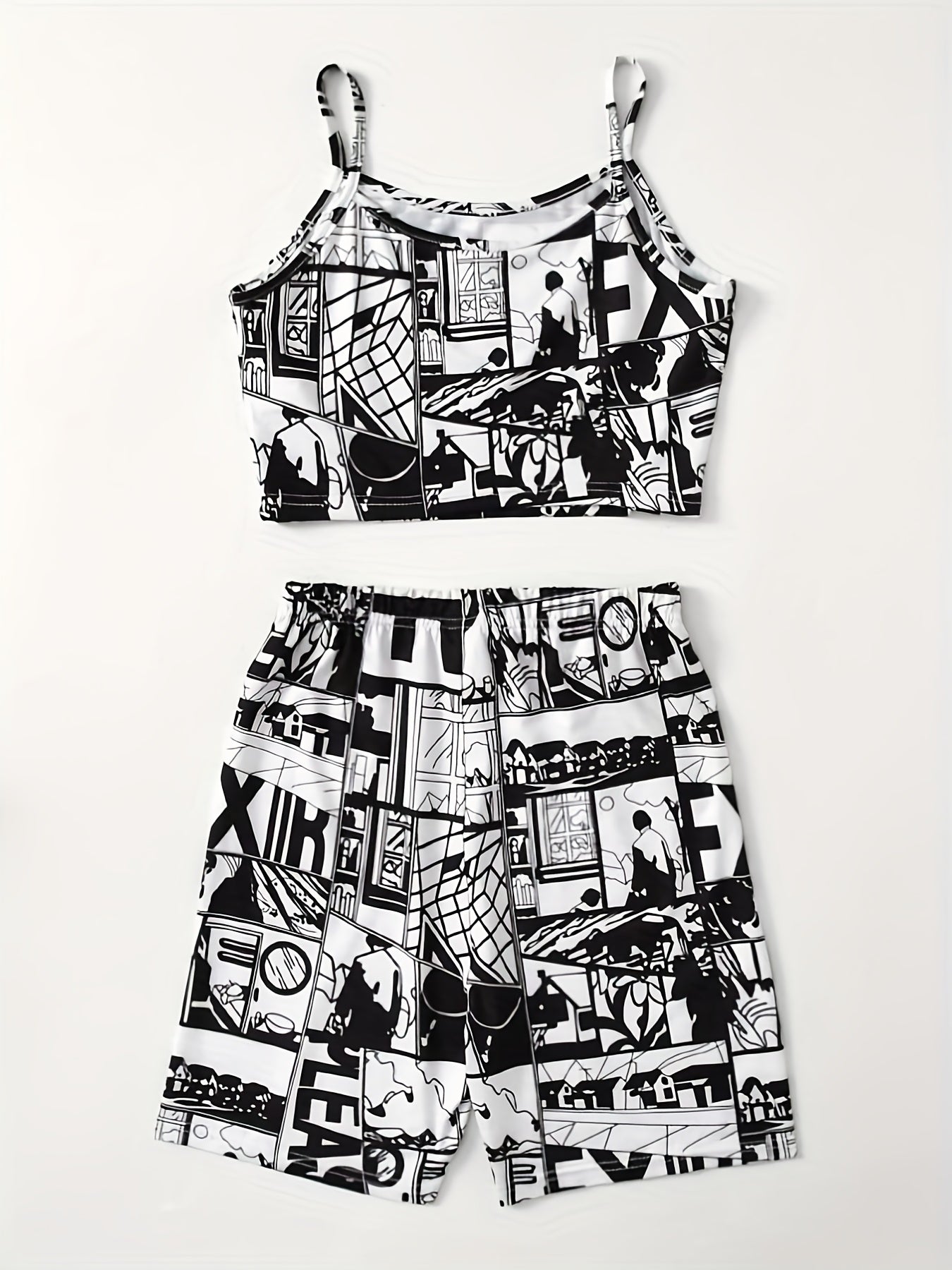 Anime Print Two piece Shorts Set Crop Cami Top & Casual Shorts