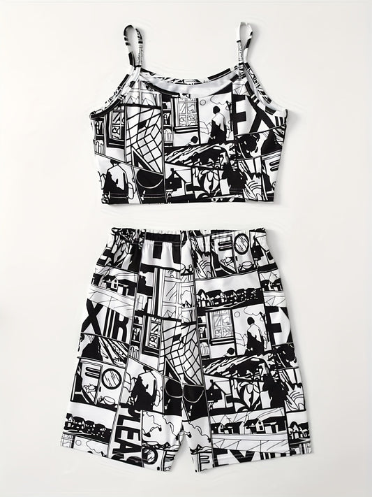 Anime Print Two piece Shorts Set Crop Cami Top & Casual Shorts