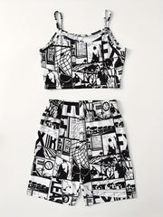 Anime Print Two piece Shorts Set Crop Cami Top & Casual Shorts
