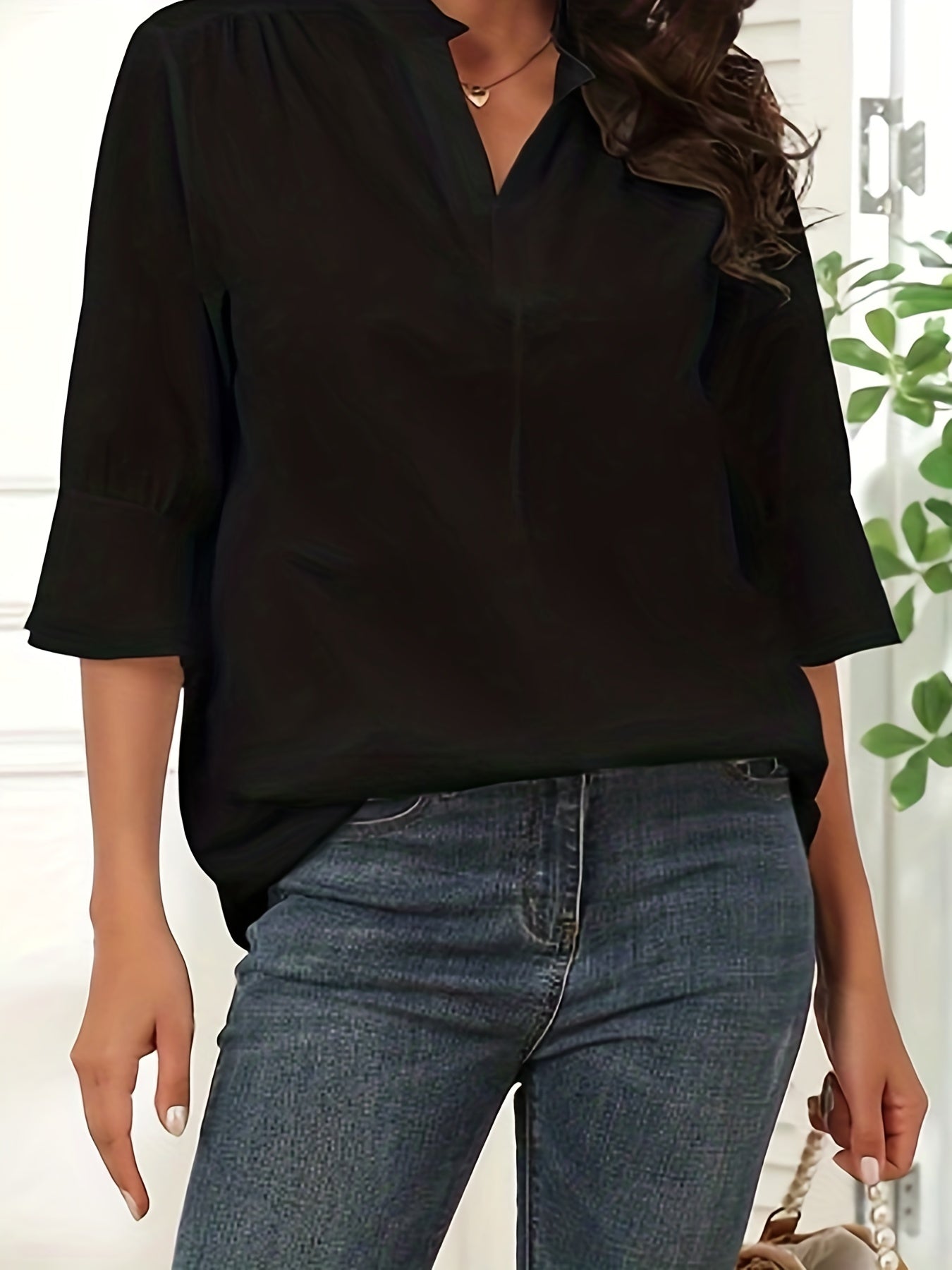  Blouse Women's Plus Solid Half Sleeve Notched Neck Shirt
