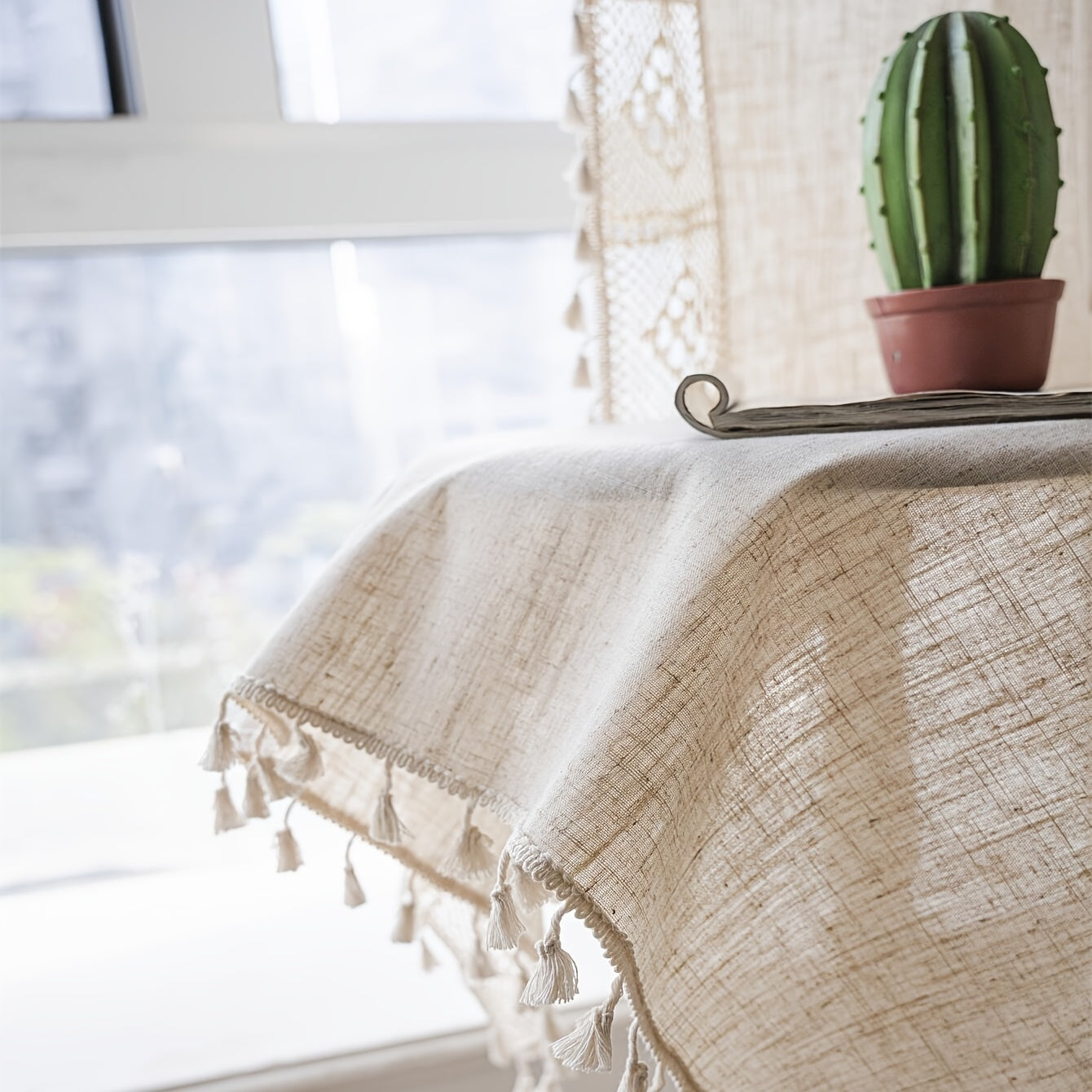 Boho Pure Linen Crochet Semi Blackout Curtain American Farmhouse Style