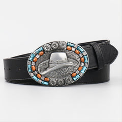 Men's Vintage Leather Cowboy Hat with Beads Oval Buckle Belt