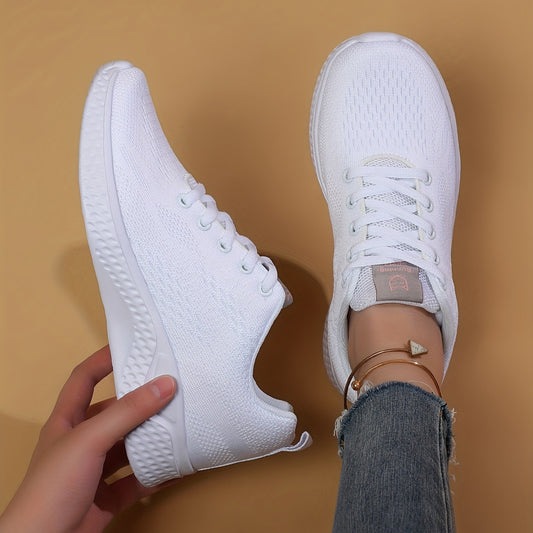 Women's Solid Sneakers Casual Breathable Knit Lace Up Shoes Lightweight
