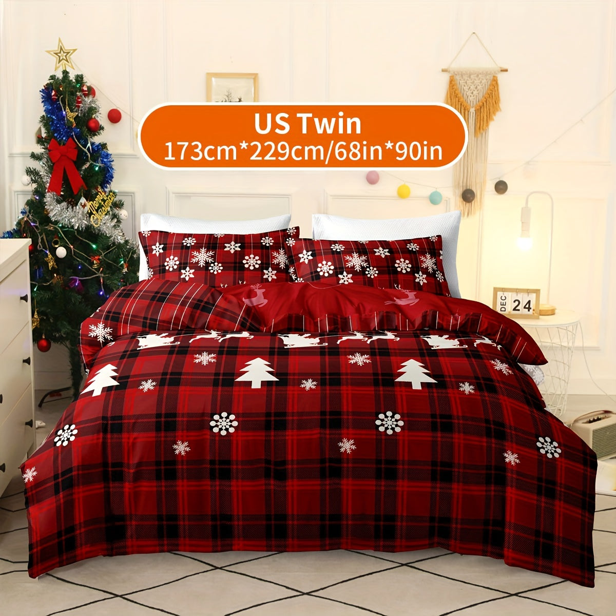 Christmas Themed Duvet Cover Set Checkered Elk Snowflake Print Soft & Breathable