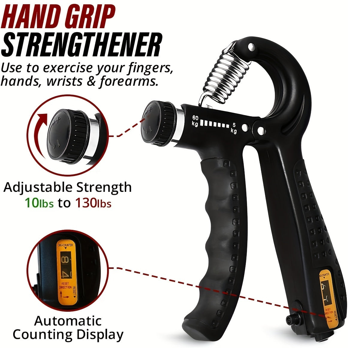 Adjustable Hand Grip Strengthener 10-130lbs Forearm Exerciser
