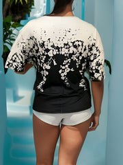  Colorblock Floral Print Tie Sleeve Blouse