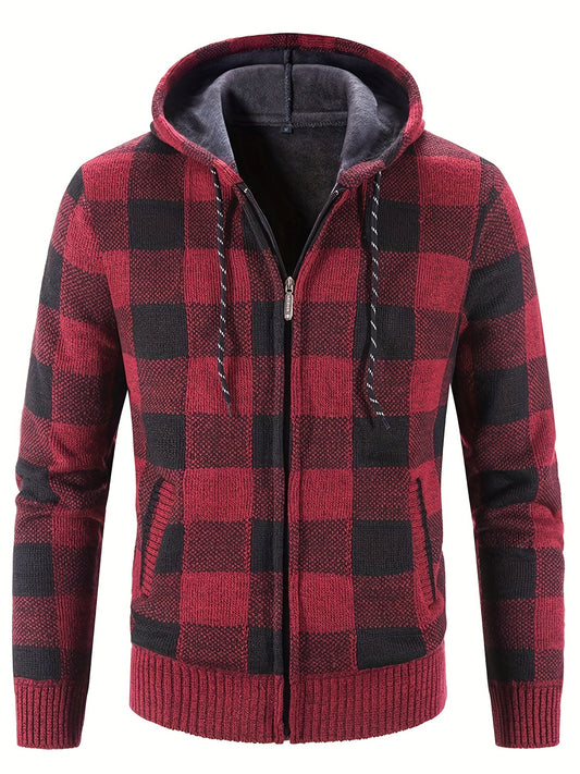 Men's Full Zip Up Casual Hooded Cardigan Plaid Sweater Jacket