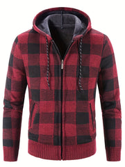 Men's Full Zip Up Casual Hooded Cardigan Plaid Sweater Jacket