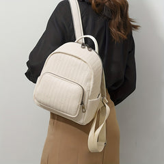 Mini Stripes Embossed Backpack Faux Leather Solid Rucksack For Travel Work