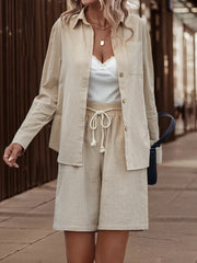 Solid Button Down Pantsuit Casual Two Piece Set