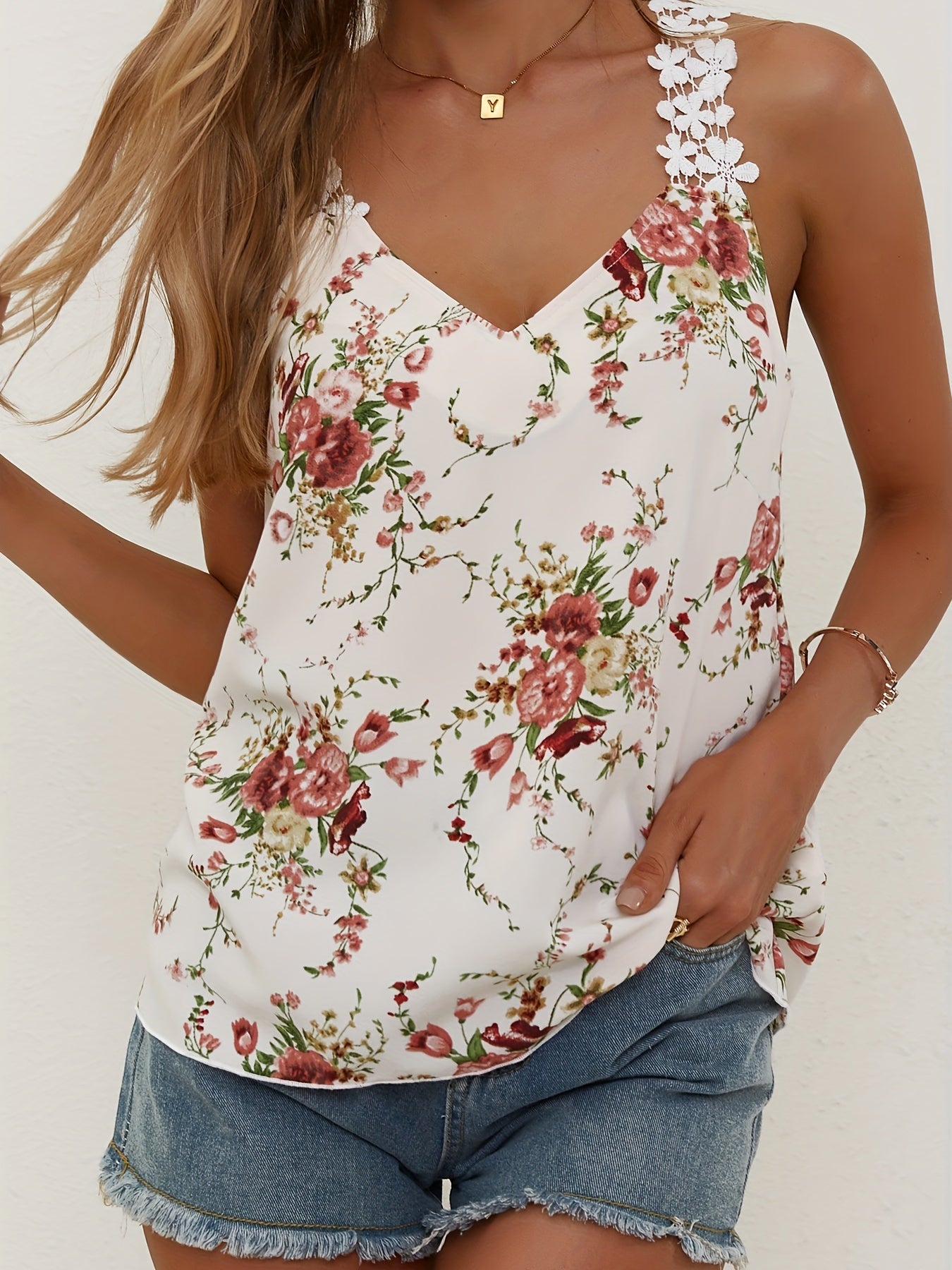 Floral Print Lace Strap V Neck Sleeveless Top