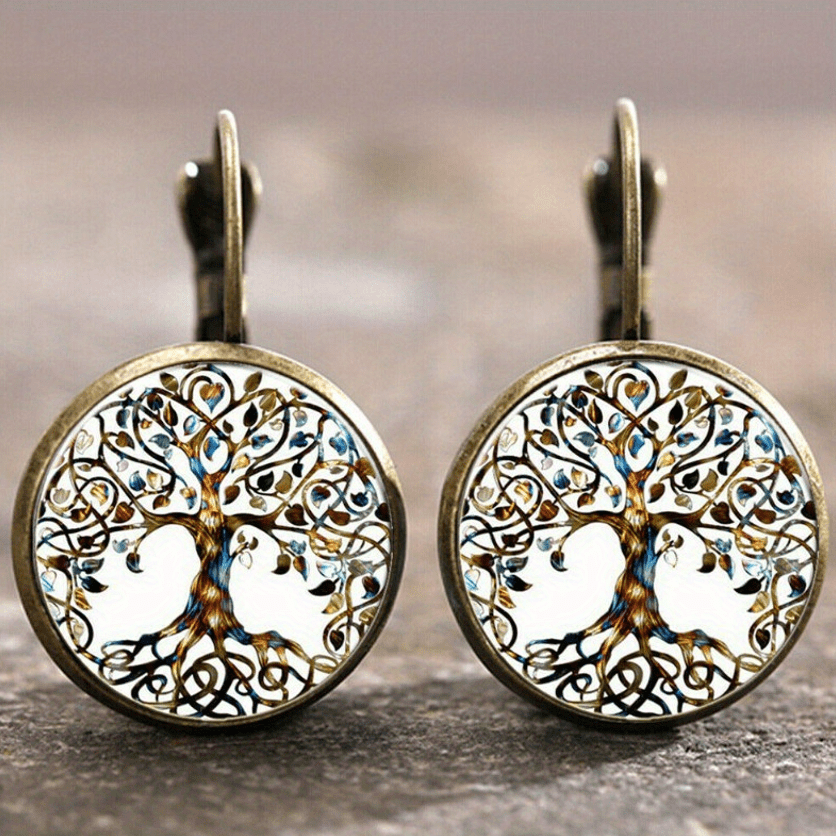 Vintage Time Gemstone Glass Earrings Sunflower Tree Butterfly