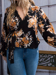  Floral Lantern Sleeve Top with Belt