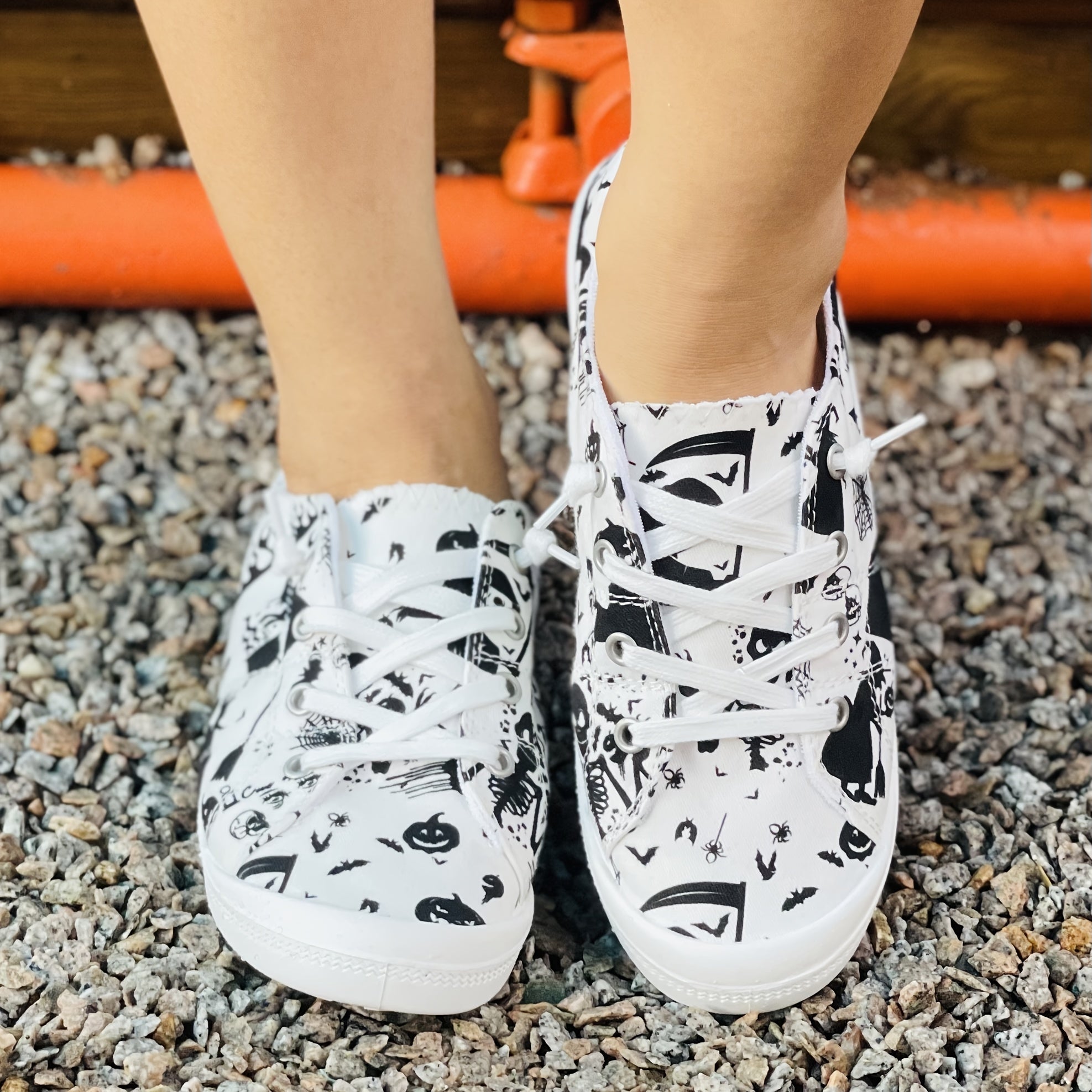 Women's Pumpkin Printed Shoes Lace Up Low Round Toe Lightweight Canvas Flat Shoe