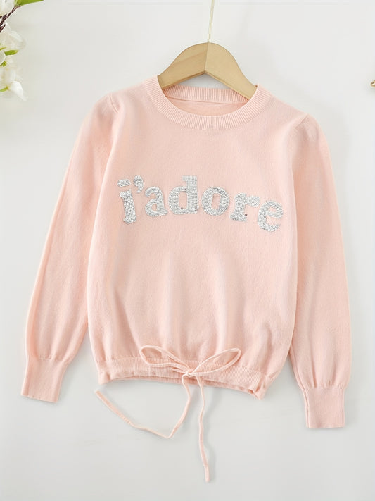 Girls' Sequin Letter Sweatshirt Top Crew Neck Pullovers