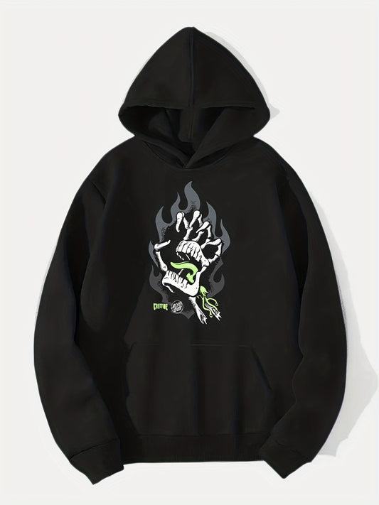 Skeleton Hand On Fire Print Hoodie Men