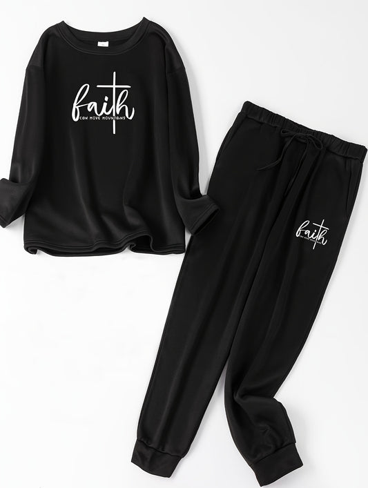  Cross Letter Print Fleece Top & Joggers Pajamas Set