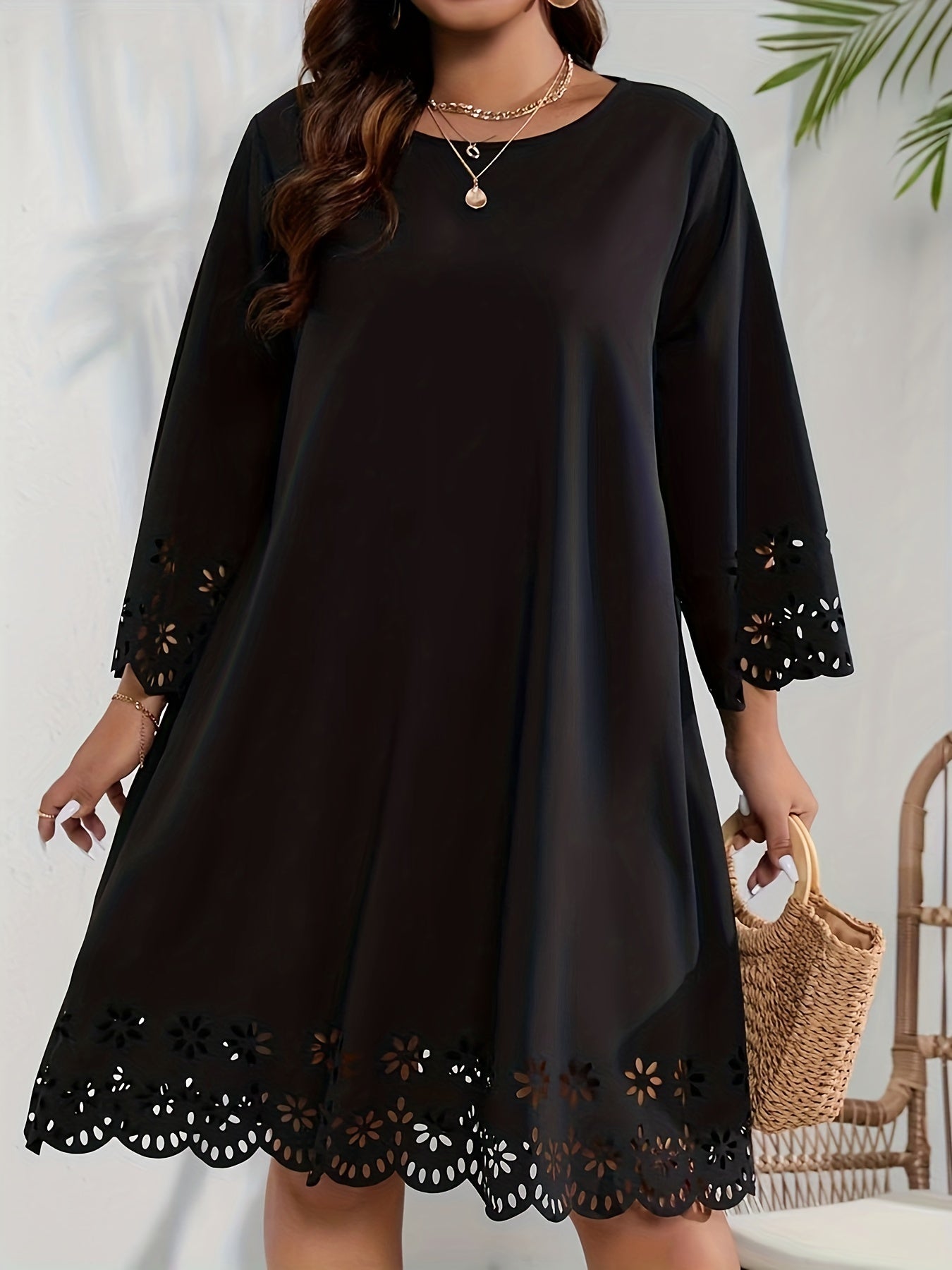  Laser Cut Long Sleeve Floral Trim Dress