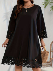  Laser Cut Long Sleeve Floral Trim Dress