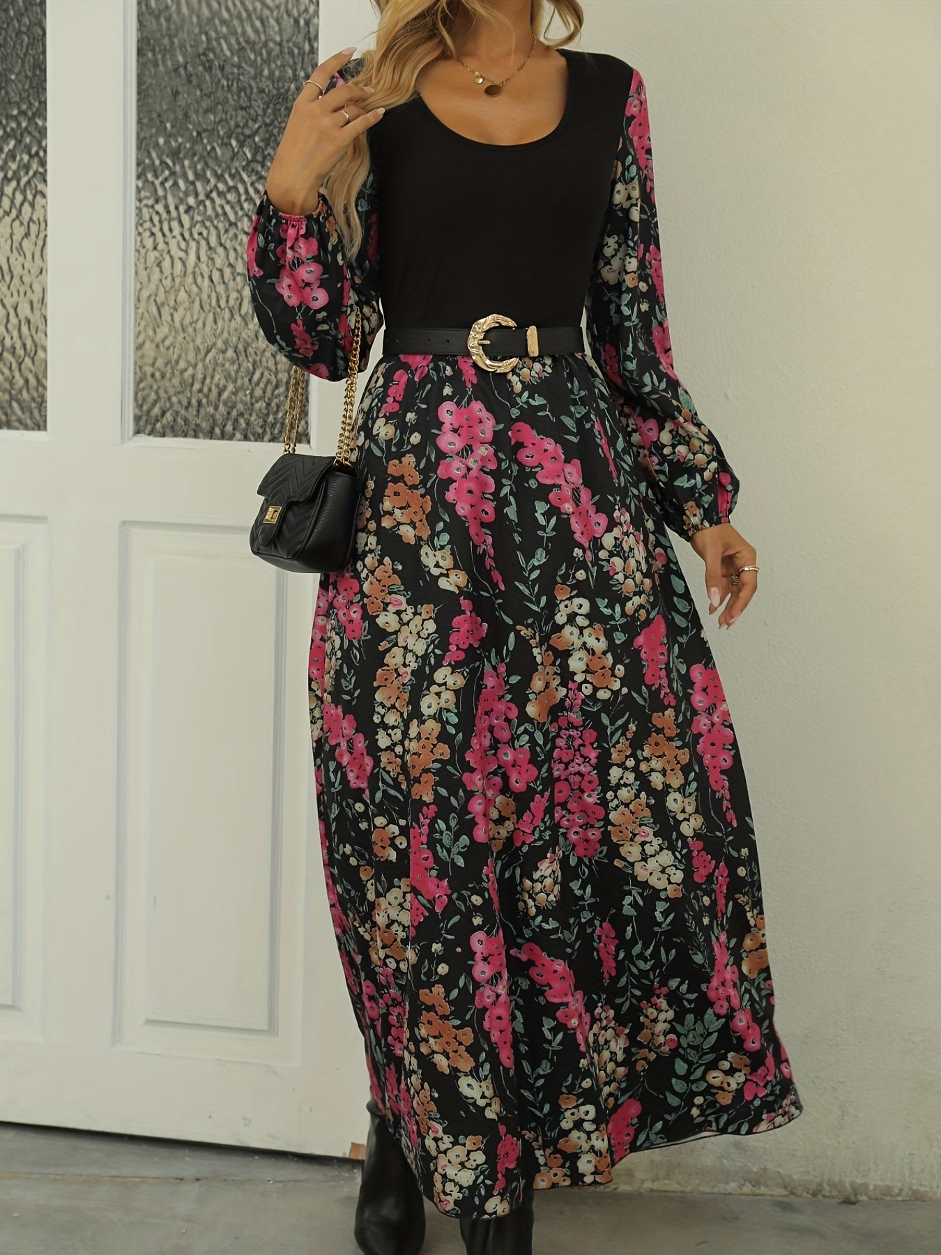 Women's Plus Colorblock Floral Print Long Sleeve Round Neck Maxi Dress