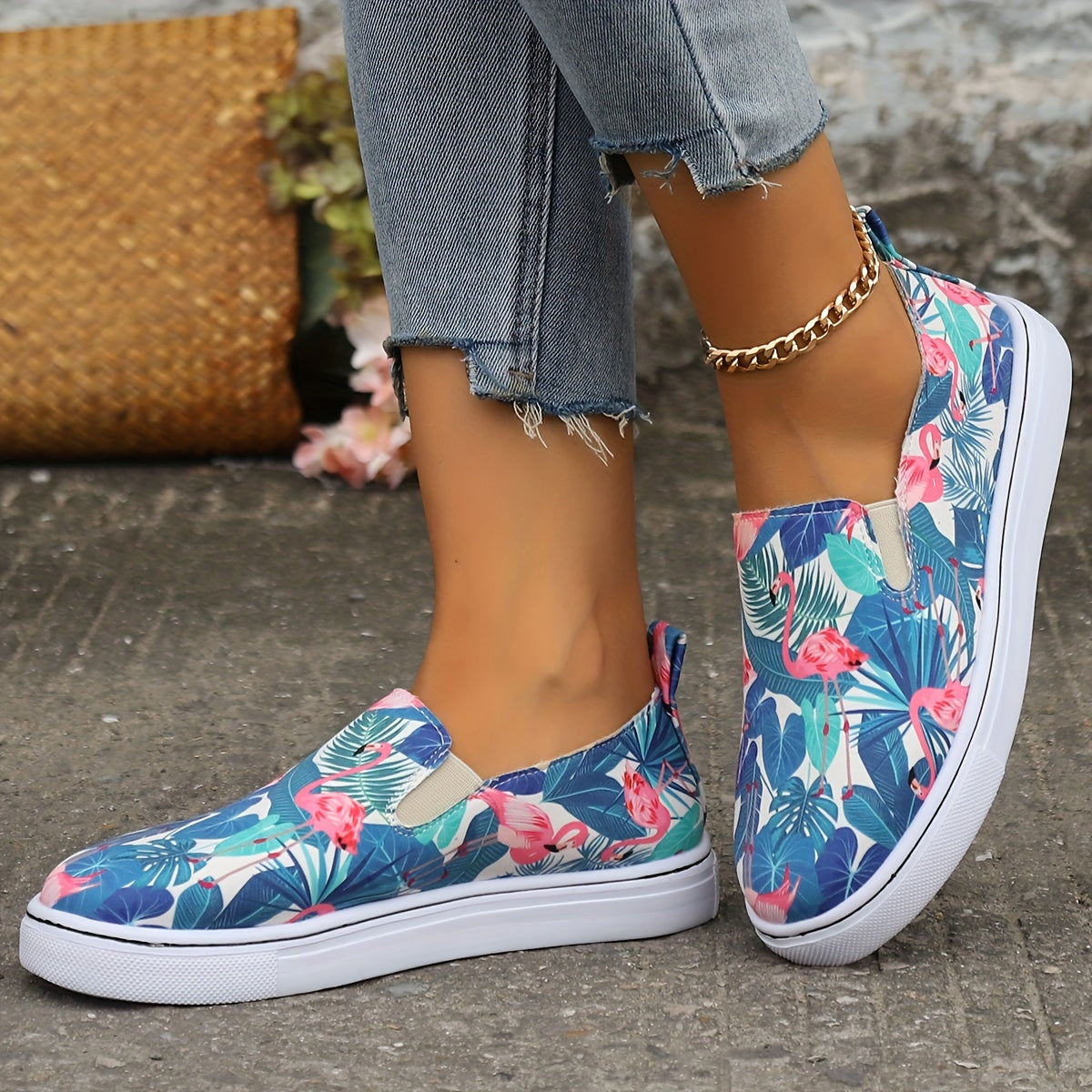 Tropical Flamingo Leaves Print Flat Wear Resistance Skate Shoes