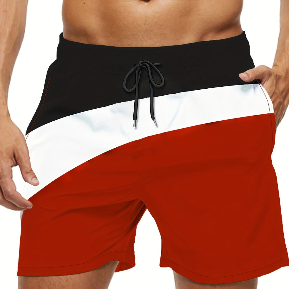Block Pattern Print Men's Swim Trunks Quick Dry Drawstring Beach Shorts