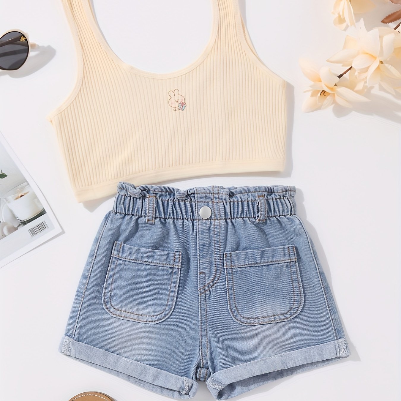 Baby Bunny Graphic Crop Top & Denim Shorts Set