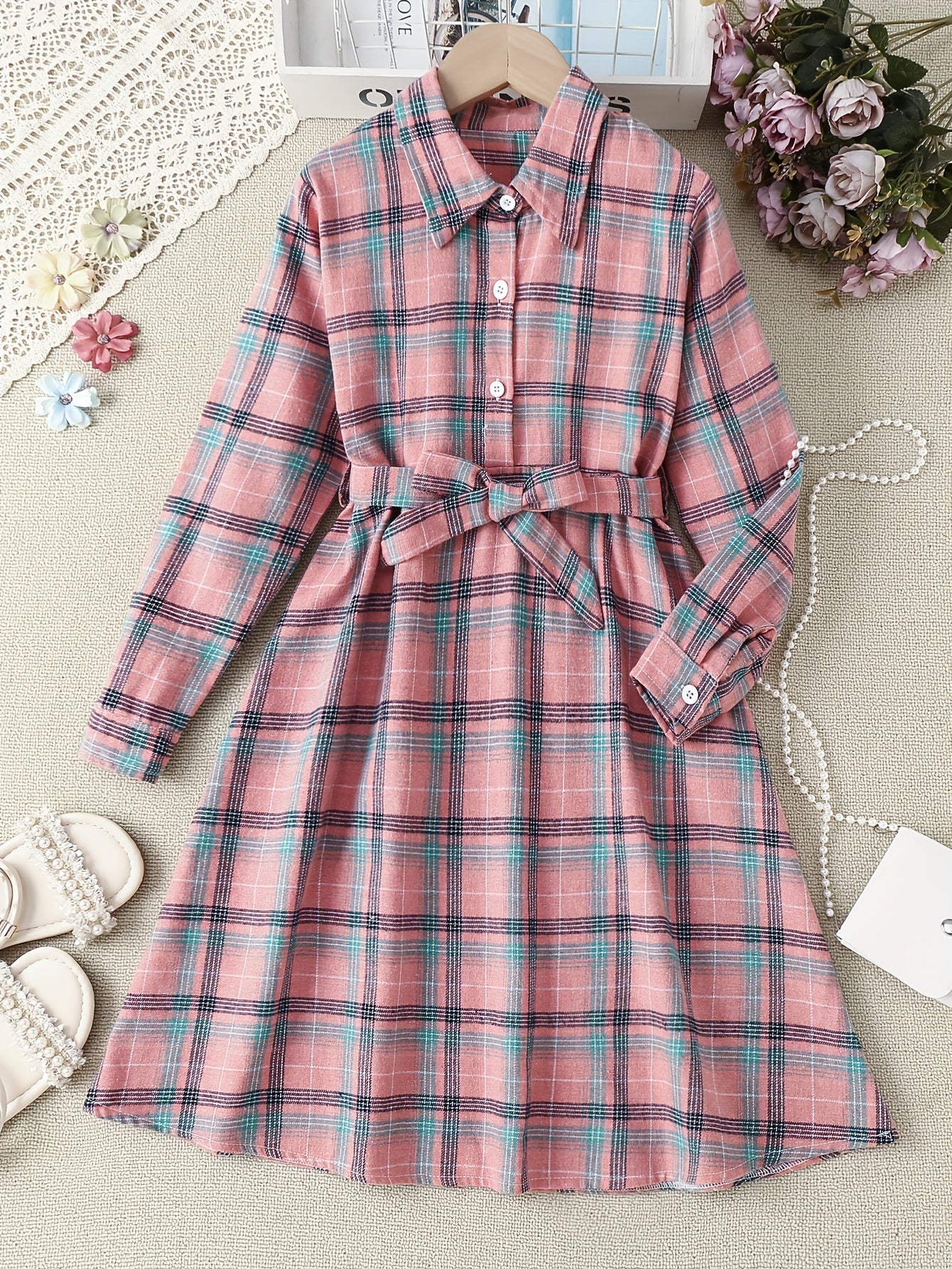 Plaid Shirt Dress Long Sleeve Button Down Girls School Dresses