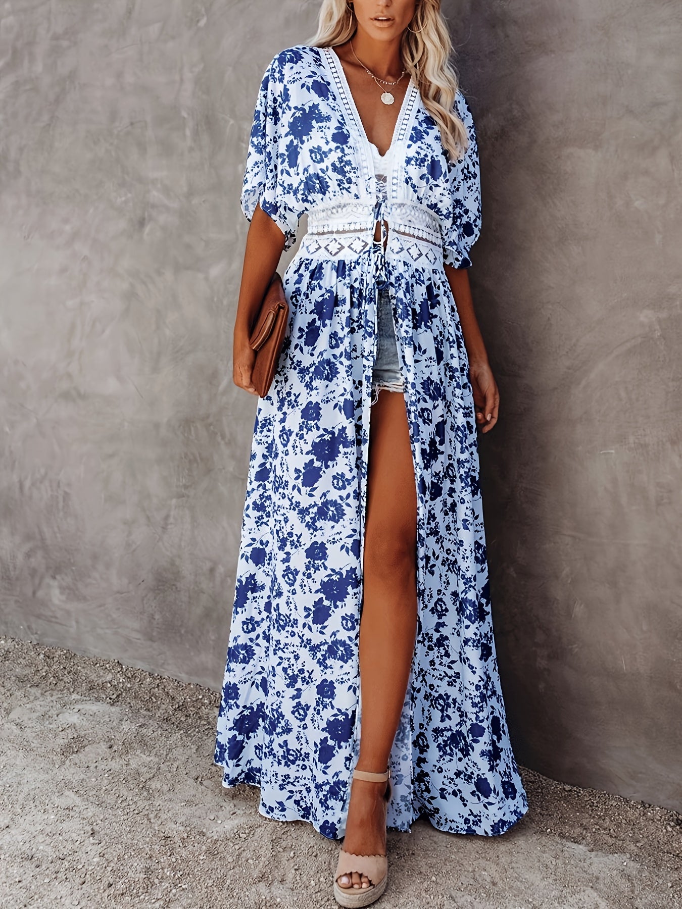 Floral Print Cover Up Shirt with Lace V Neck