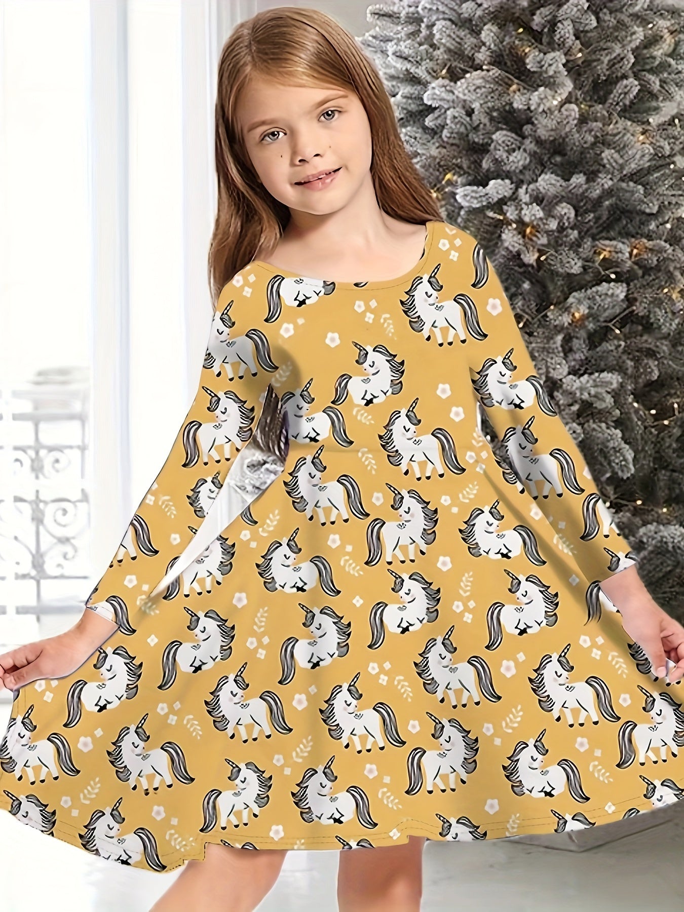 Girls Christmas Tree Print Crew Neck Dress