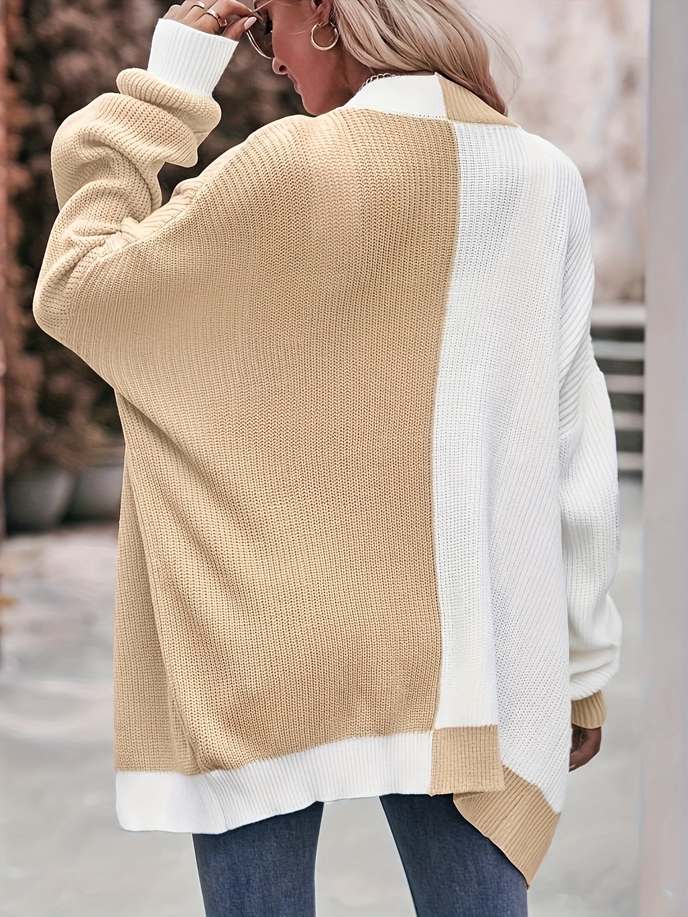  Colorblock Lantern Sleeve Cardigan