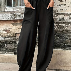  Solid Elastic High Rise Trousers With Pockets