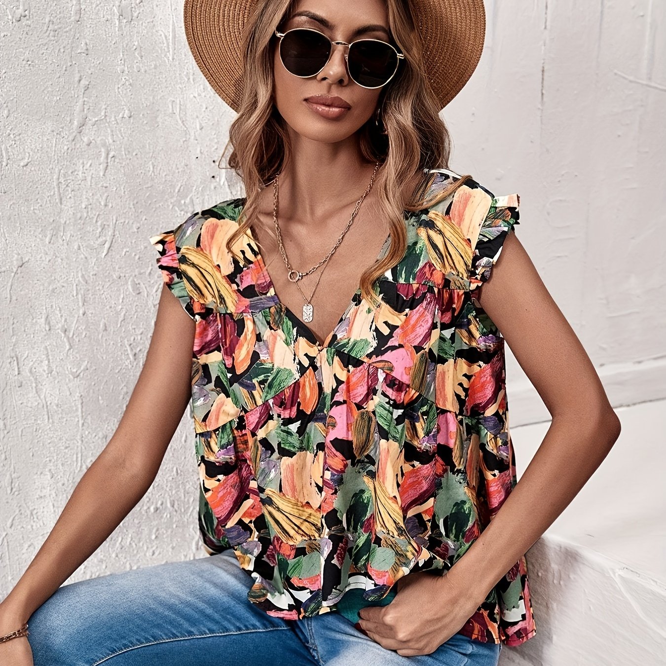 Ruffle Trim V Neck Top Cap Sleeve Casual