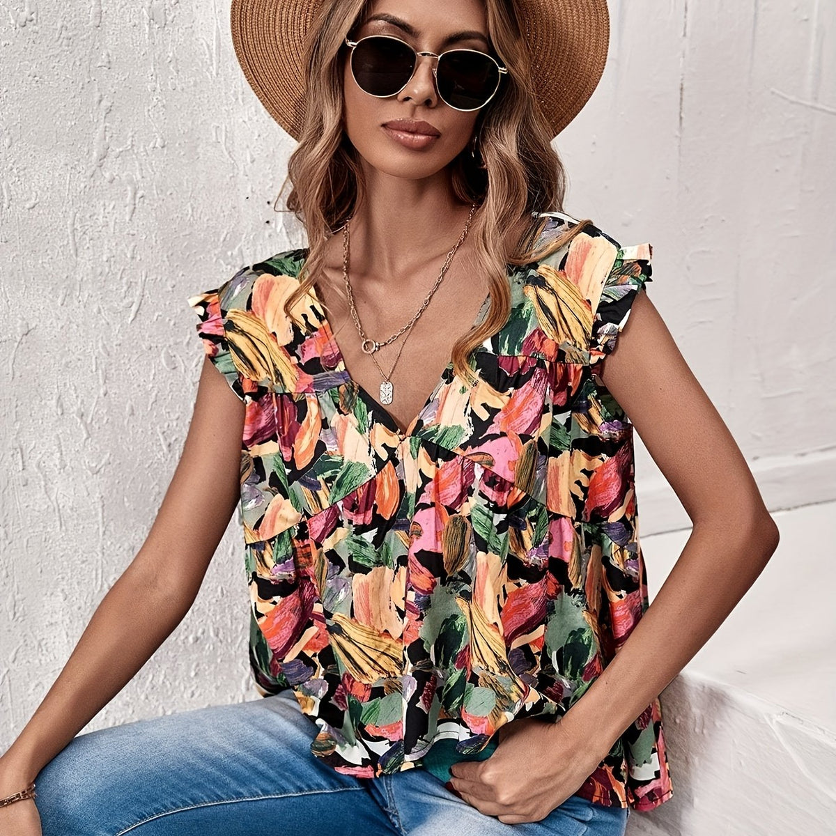 Ruffle Trim V Neck Top Cap Sleeve Casual