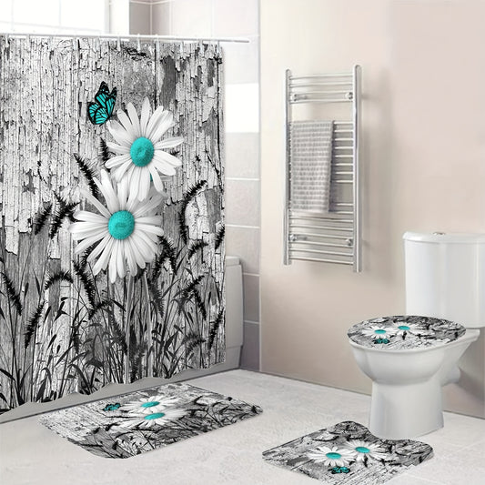 Daisy Shower Curtain Set Waterproof with Non-Slip Bathroom Rug