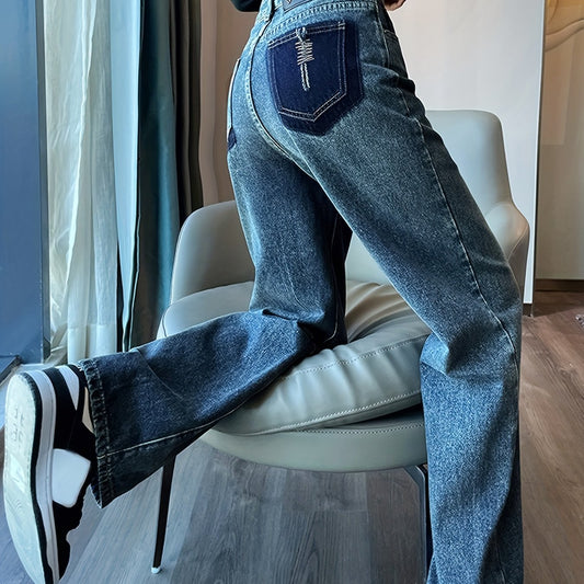 Colorblock Wide Leg Jeans Loose Fit Vintage Denim