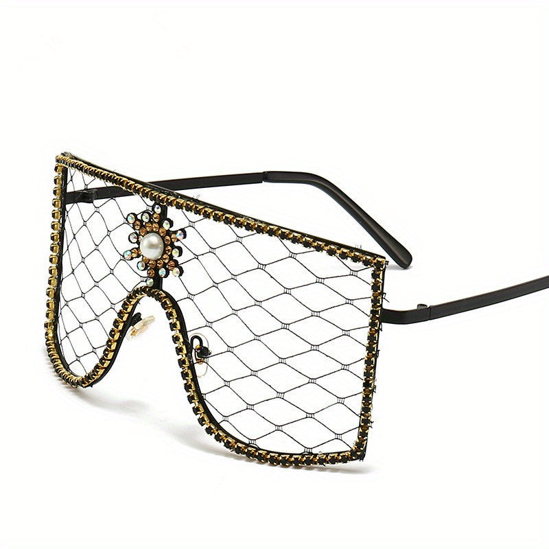 Women's Mesh Shield Glasses Faux Pearl Rhinestone Party Queen Costume