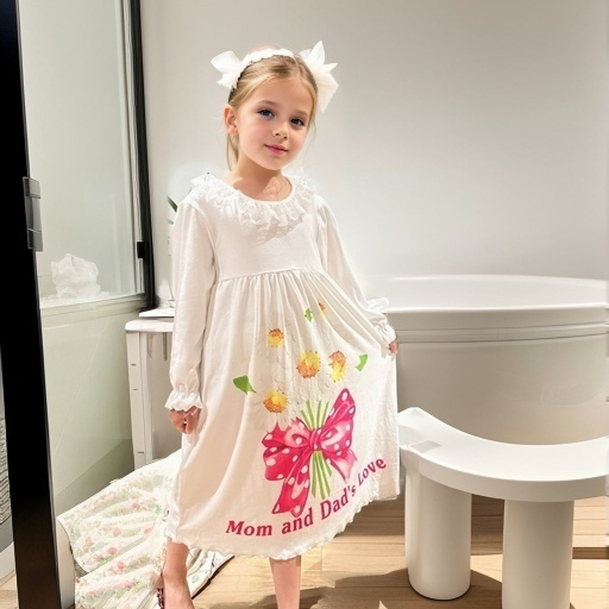Girl's Floral Nightgown Letter Print Long Sleeve Lace Collar PJ