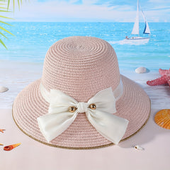 Golden Edge Straw Hat With Ribbon Sun Protection Vacation Hat