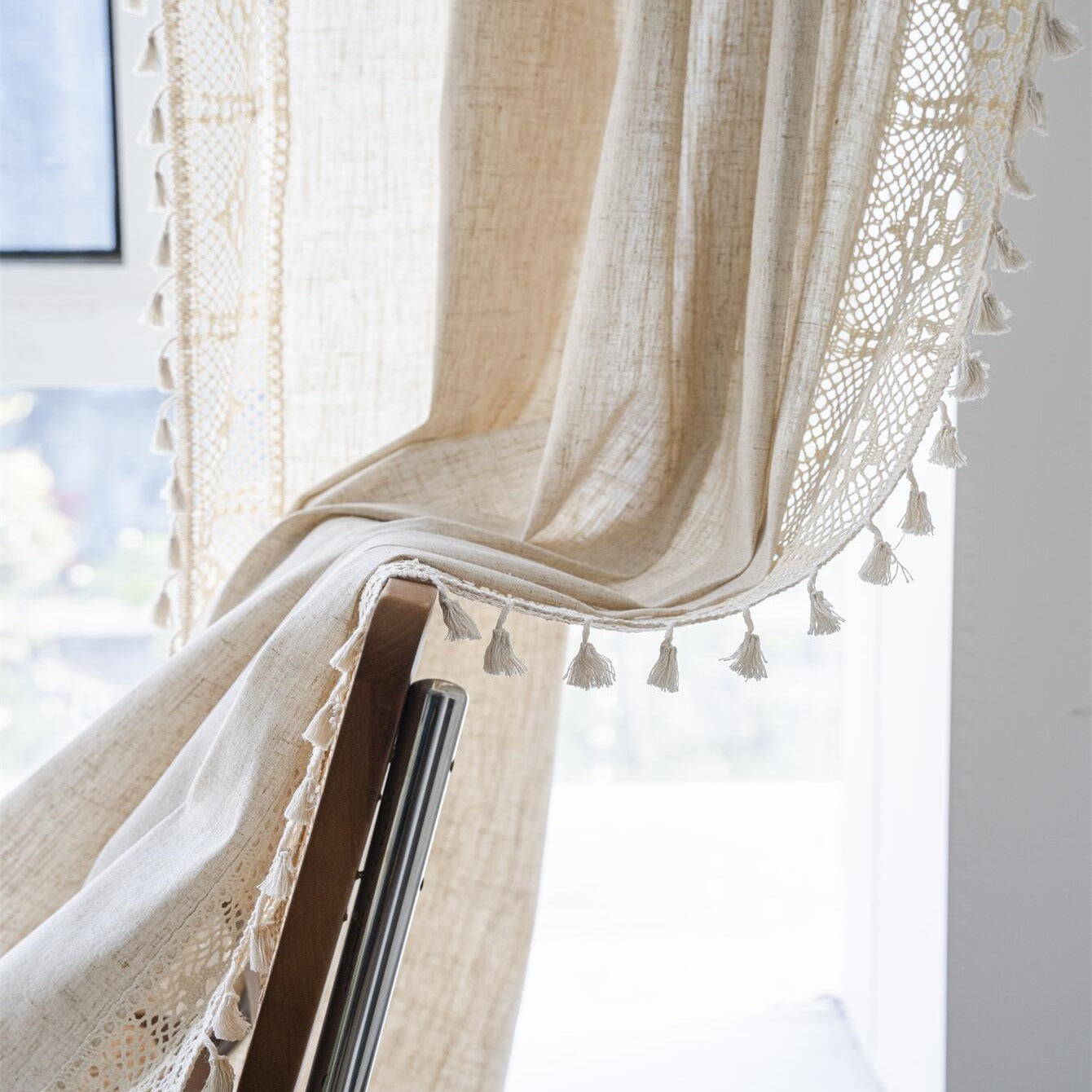 Boho Pure Linen Crochet Semi Blackout Curtain American Farmhouse Style