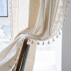 Boho Pure Linen Crochet Semi Blackout Curtain American Farmhouse Style