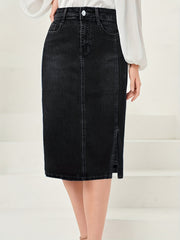 Vintage Washed Midi Denim Skirt Solid Slash Pocket Women's Jeans