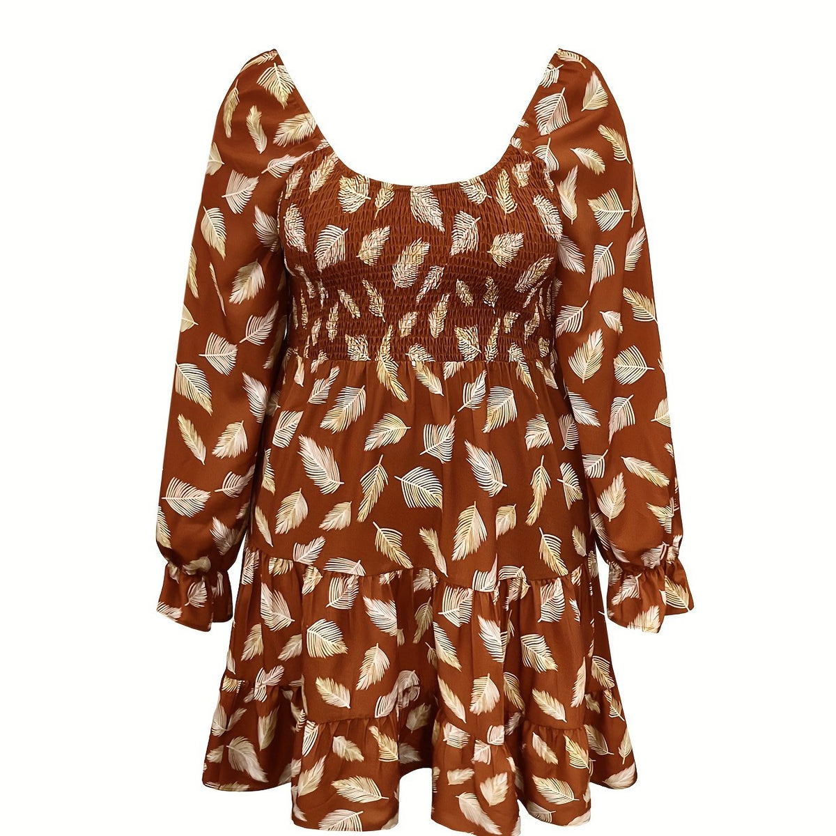 Women's Plus Leaf Print Lantern Sleeve Smock Dress