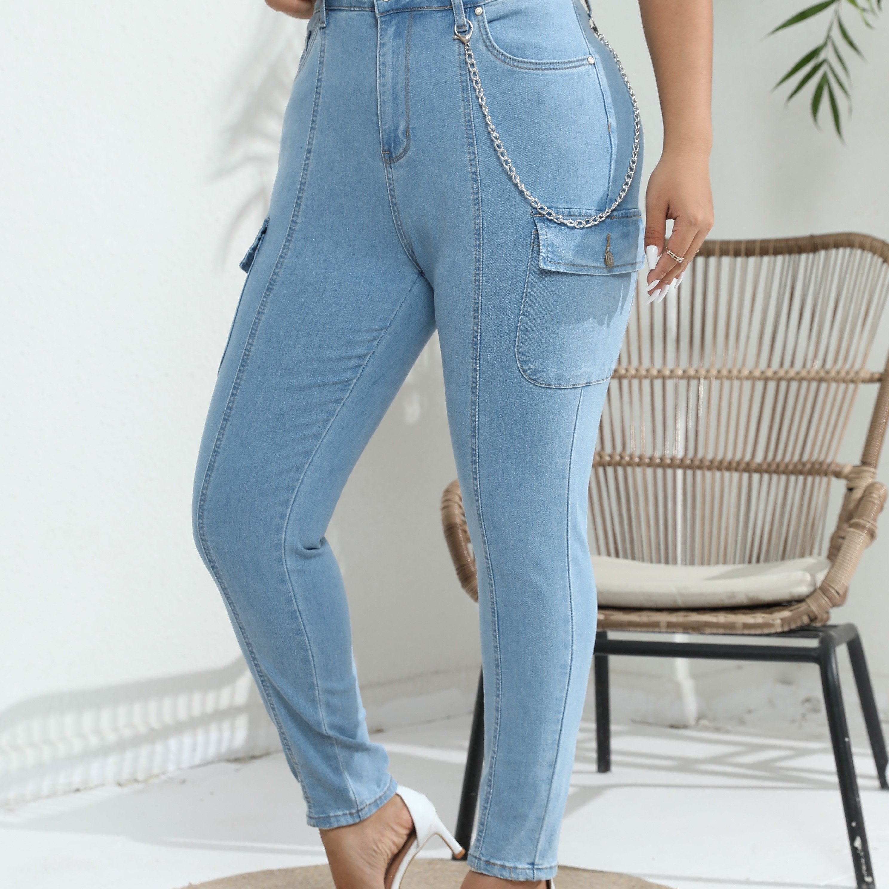  Solid High Rise Skinny Cargo Jeans With Pockets