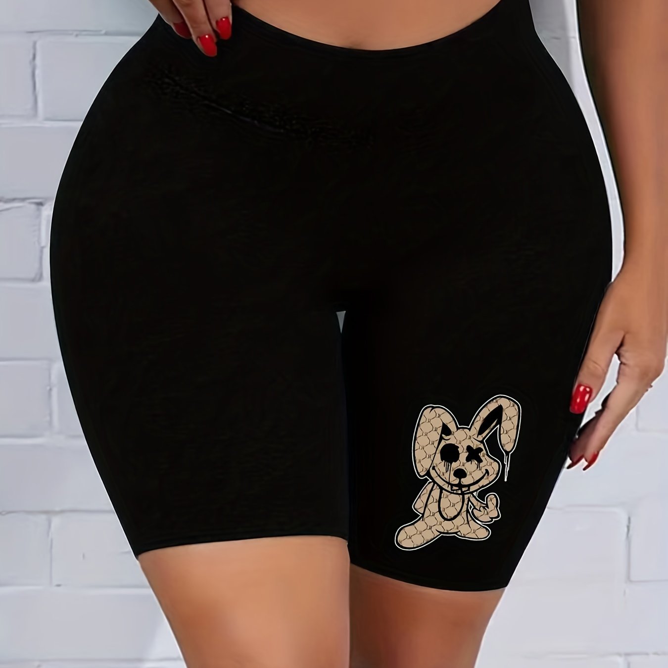  Cartoon Rabbit Print High Rise Skinny Shorts