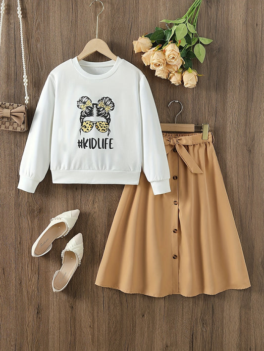 Girl's Cartoon Sunglasses Print 3pcs Sweatshirt & Skirt Set