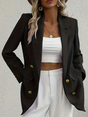 Solid Button Front Blazer Lapel Long Sleeve Blazer For Office & Work