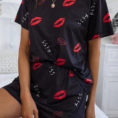 Letter Print Pajamas Set Short Sleeve Crew Neck Top & Shorts Women's Sleepwear