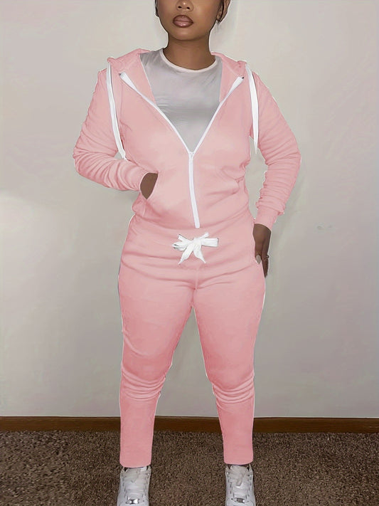  Sporty Outfit Set Women Solid Long Sleeve Zipper Front